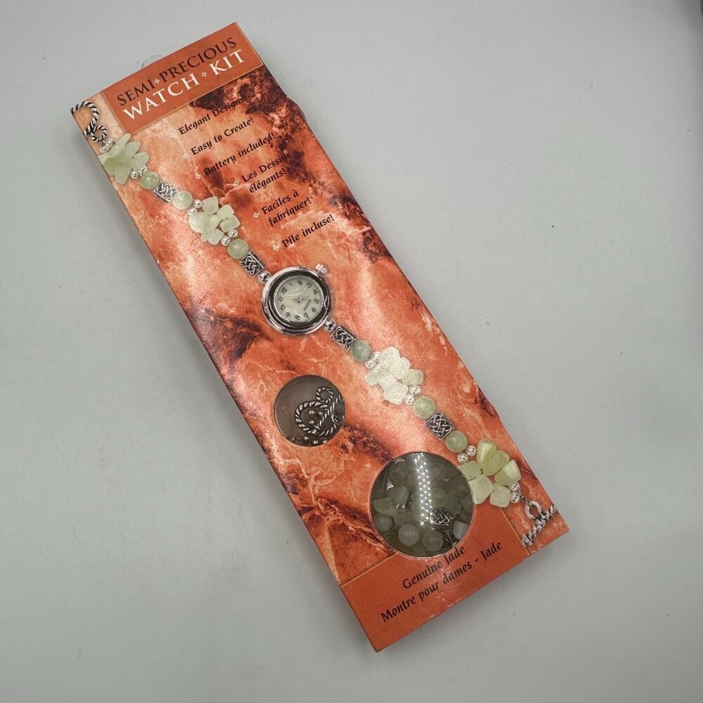 Watch Kit Women Silver Tone Green Jade Beaded Band Semi Precious